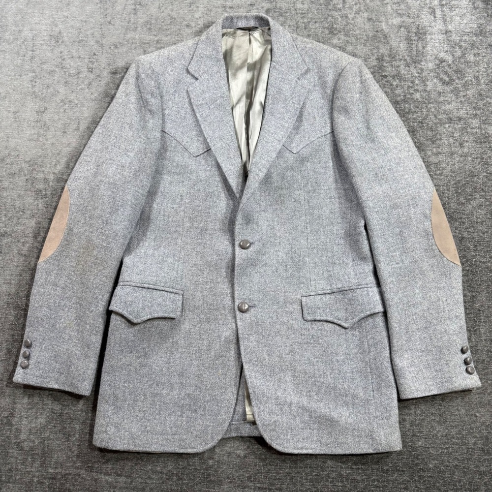 Vintage Grand Entry Men Western Blazer Grey Wool Cowboy Sport Coat Elbow Patches